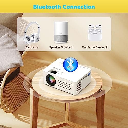 Mini Bluetooth Projector, Full HD 1080P Supported Portable Outdoor Movie Projector for iOS, Android, Windows, Compatible with TV Stick/HDMI/Smartphone/PS4/USB [Remote Included]