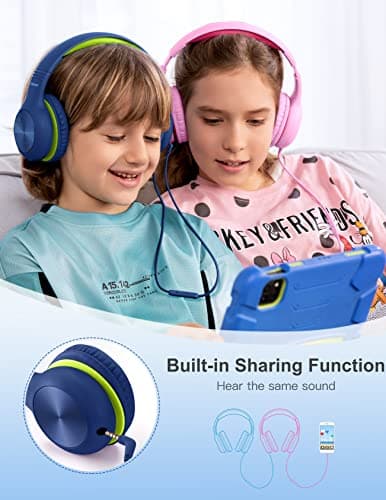 Headphones for Kids for School, Kids Headphones with Microphone, Sharing Function, 85dB/94dB Safe Volume Limit, HD Sound, Over Ear Kid Headphone for School, On-line Study, Travel, DarkGreen