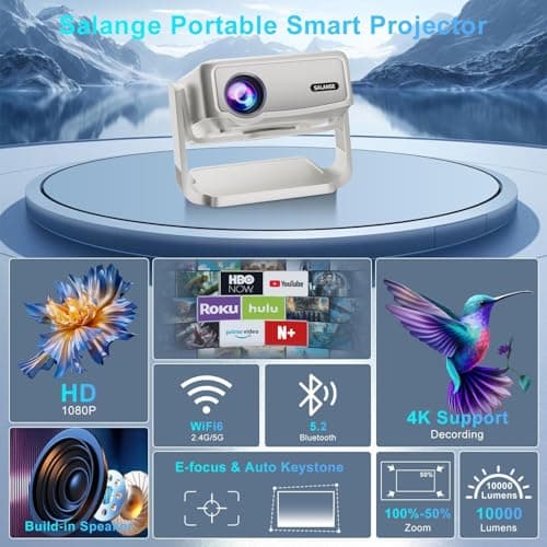Smart Projector with Built in Apps - Electric Focus, Auto Keystone, Salange Android Projector 4k Wifi Bluetooth, 360° Ajustable Mini Protable Outdoor Movie Projectors, Compatible w iPhone, TV Stick