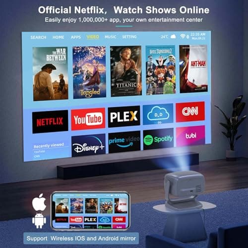 Projector with WiFi and Bluetooth Portable Outdoor: [Auto Focus&Keystone/360° Stand] Smart TV 4K Movie Projector with Apps Netflix Licensed 50%Zoom 700ANSI 3D DoIby Audio Android Home Camping Ceiling