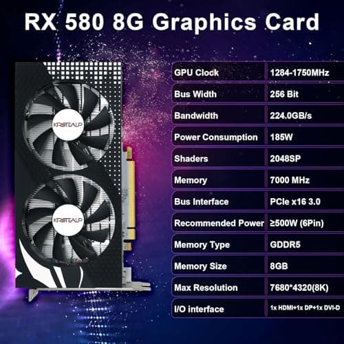 RX 580 Graphics Card, 2048SP, Real 8GB, GDDR5, 256 Bit, Pc Gaming Video Card, HDMI/DP/DVI Outputs, PCI Express 3.0 with Freeze Fan Stop for Desktop Computer Gaming Gpu
