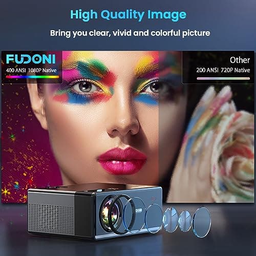 FUDONI Projector with 5G WiFi and Bluetooth, 1080P 18000L Outdoor Projector with HDMI and USB, Max 300" Display Zoom Function for Movies & Gaming, Compatible with TV Stick/Phone/Laptop