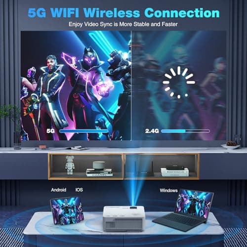 Native 1080P Projector with 5G WiFi Bluetooth and Tripod, 4K Supported Portable Home and Outdoor Movie Projector, Max 300" Display, Compatible with TV Stick, HDMI, Phone