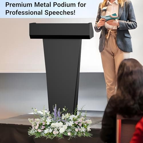 Tredre Black Metal Podium Stand with Wheels, Heavy-Duty Lecterns & Podiums with Storage, Premium Pulpits for Churches, Classrooms and Conferences, Scratch-Resistant Surface, 46.5”H