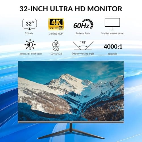 32 Inch 4K UHD Monitor (3840x2160), IPS,60Hz Refresh Rate, 100% sRGB, AMD FreeSync, 178° Viewing Angle, HDMI/DisplayPort, VESA 100x100mm Mount Compatible, Tilt Adjustable - Black