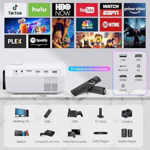 Full HD Bluetooth Projector Built in DVD Player, 12000LM 1080P Supported, Portable Mini DVD Projector for Outdoor Movies, 250" Home Theater, Compatible with iOS/Android/TV Stick/PS4/HDMI/USB/TF Card