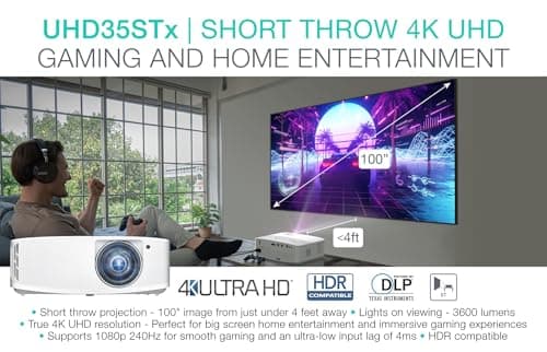 Optoma UHD35STx Short Throw True 4K UHD Gaming and Home Entertainment Projector 3,600 Lumens 240Hz Refresh Rate and Ultra-Low 4ms Response Time