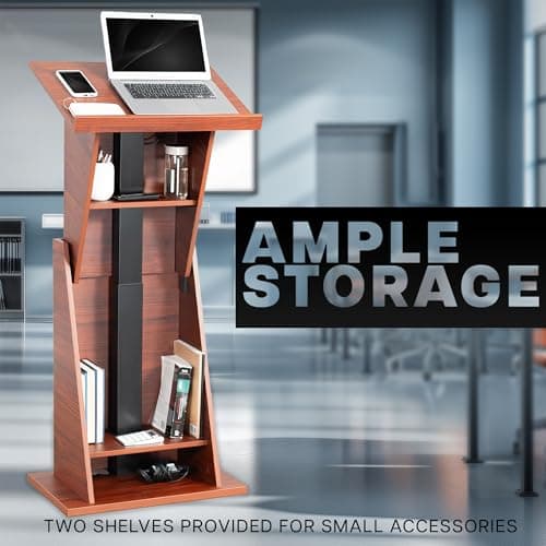 VIVO Pneumatic Height Adjustable Podium, Professional Presentation Lectern with 24 inch Platform and Storage Shelves, Dark Walnut, Stand-PDMH