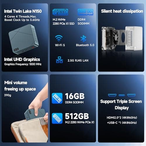 wo-we H5 Mini PC Intel Twin Lake N150 (3 Year After-Sale Support) 16GB DDR4 RAM 512GB M.2 PCLe SSD 4C/4T 4K Triple Display Dual HDMI&Type-C,USB3.2 x4 Mini Desktop Computer for Home Office Business