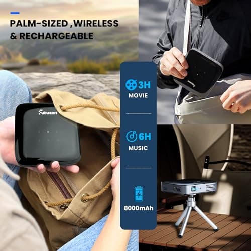 【3H Playtime】Ultra Mini Pocket Pico Projector - Come with Rechargeable Battery Speaker & Tirpod, 1080P Support Portable Wireless LED DLP Movie & Video Travel Projector, connects to iPhone and Android