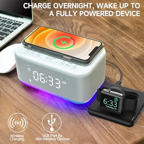 Alarm Clock Speaker Wireless Charger, Digital Alarm Clocks Bedrooms Bluetooth, Alarm Clock Dimmable Light Bedrooms Dual Alarm Snooze Dimmer 12 24H RGB Night Light Bluetooth USB AUX, Gray