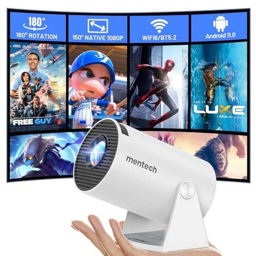 Mini Projector With WiFi and Bluetooth, 180 Rotatable Portable, 150" Smart With Android TV 11.0, 1080P Support 4K Decoding, 2.4G/5G WiFi6, Auto Keystone for Home Theater, White