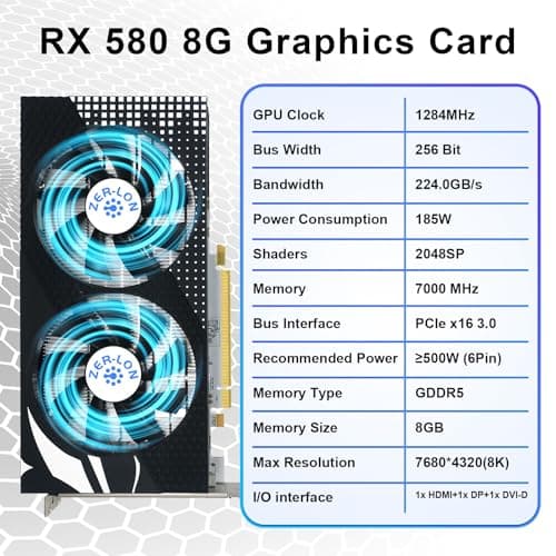 Radeon RX 580 8GB Graphics Card, 2048SP GDDR5 256 Bit Pc Gaming Video Card with Dual Cooling Fan, HDMI DP DVI-Output, PCI Express 3.0 Computer GPU for Office and Gaming