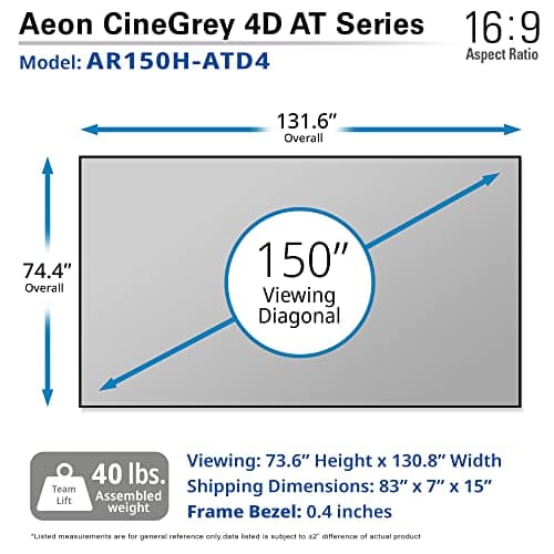 Elite Screens Aeon CineGrey 4D Acoustically Transparent, 150" Diag. 16:9, 4K/8K Ceiling Ambient Light Rejecting (CLR/ALR) Fixed Frame Edge Free Sound Transparent Projector Screen, AR150H-ATD4