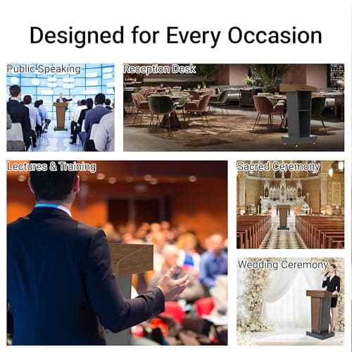 Wooden Podium Stand with Footrest, Rolling Lectern with Storage, 23.6” Desktop, Built-in Cable Holes, Sturdy Base, Mobile Pulpit for Churches, Conferences & Classrooms