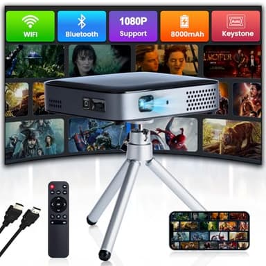 【3H Playtime】Ultra Mini Pocket Pico Projector - Come with Rechargeable Battery Speaker & Tirpod, 1080P Support Portable Wireless LED DLP Movie & Video Travel Projector, connects to iPhone and Android