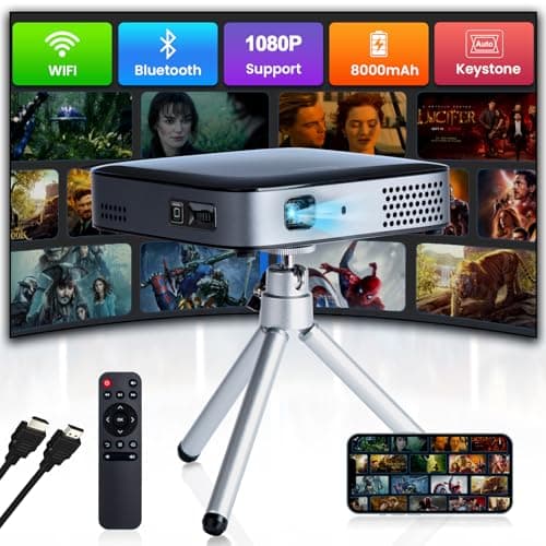【3H Playtime】Ultra Mini Pocket Pico Projector - Come with Rechargeable Battery Speaker & Tirpod, 1080P Support Portable Wireless LED DLP Movie & Video Travel Projector, connects to iPhone and Android
