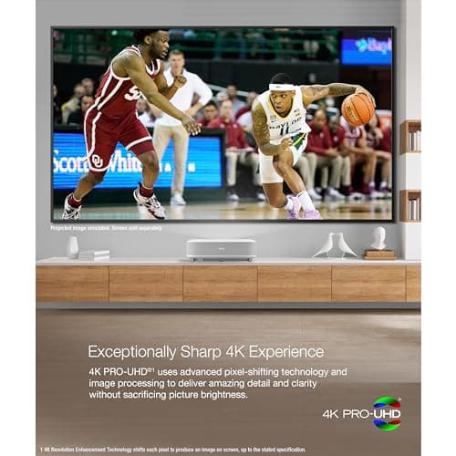 Epson EpiqVision Ultra LS650 Ultra Short Throw 3-Chip 3LCD Smart Streaming Laser Projector, 4K PRO-UHD, HDR, 3,600 Lumens, up to 120", Epson Setting Assistant, Android TV, Sound by Yamaha - White