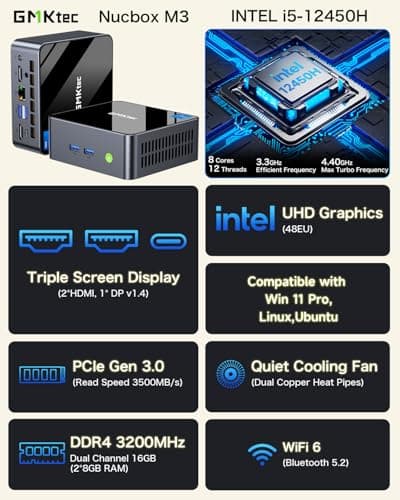 GMKtec Mini Desktop Computer, M3 Intel Core i5 12450H (8C/12T, up to 4.40GHz) Mini PC 16GB DDR4 (8GB*2) 512GB SSD, 2X HDMI 4K, 4X USB 3.2, USB-C, WiFi 6, BT 5.2, RJ45 2.5G Black
