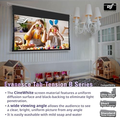 Elite Screens Evanesce Tab-Tension B, 120-inch 16:9, 4K / 8K HD, Recessed in-Ceiling Electric Tab Tensioned Projector Screen, Matte White Projection Screen Surface Programmed Remote Kit, ETB120HW3-E8