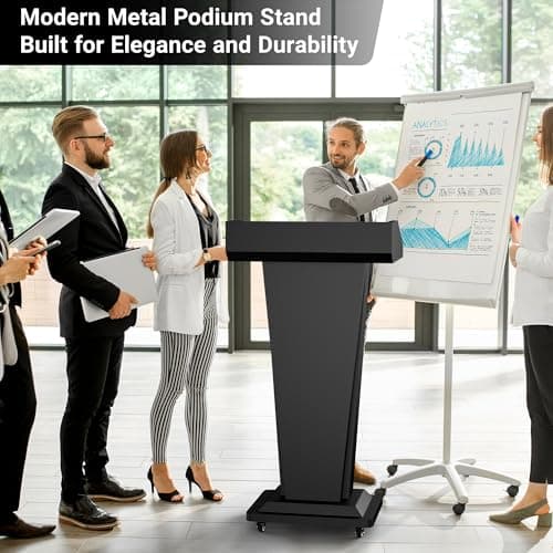 Tredre Black Metal Podium Stand with Wheels, Heavy-Duty Lecterns & Podiums with Storage, Premium Pulpits for Churches, Classrooms and Conferences, Scratch-Resistant Surface, 46.5”H