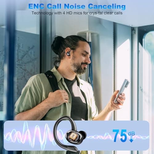Wireless Earbuds Sport, 2025 Bluetooth 5.4 Headphones with Earhooks, 50H Stereo Deep Bass Over Ear Buds with 4 ENC Noise Canceling Mics, IP7 Waterproof Earphones for Running Workout Gym -Black