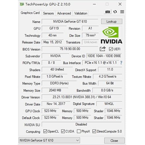 GeForce GT 610 2G DDR3 Low Profile Graphics Card, PCI Express 1.1 x16, HDMI/VGA, Entry Level GPU for PC, SFF and HTPC, Compatible with Win11