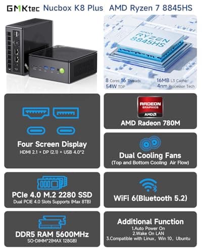 GMKtec Gaming Mini PC K8 Plus AMD Ryzen 7 8845HS(8C/16T, up to 5.1GHz) 64GB DDR5 RAM 1TB SSD, Desktop Computer Dual NIC 2.5G, HDMI 2.1, USB4