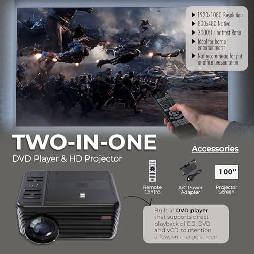 RCA DVD PROJECTOR WITH SPEAKER BUILT IN - Mini Portable Projector with Bluetooth - Indoor/Outdoor Projector and Screen Package - HDMI/AV/VGA/Micro SD Compatible - Quiet Fan System - 1920x1080 Res