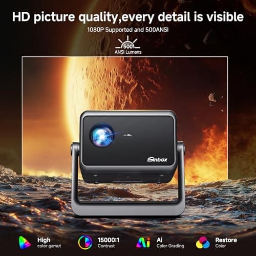 [Auto Focus] Mini Projector with WiFi6 Bluetooth, iSinbox 135°Rotatable Portable Ceiling Projector for Bedroom, Home Cinema Video Projectors for TV Stick/PS5/Phone