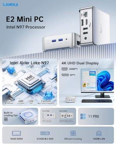 KAMRUI E2 Mini PC 11 Pro, 12th Gen Alder Lake N97(up to 3.6GHz) Micro PC (Beat N150/N100/N95), 16GB RAM 512GB M.2 SSD, Desktop Computers 4K Dual Display/USB3.2/WiFi/BT/LAN Small Computer