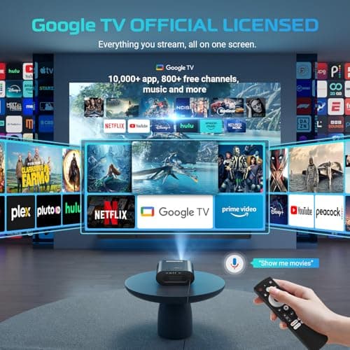 GooDee Smart 4K Projector with WiFi and Bluetooth, Google TV-Licensed Outdoor Movie Projector with Netflix / Prime Video / YouTube Built-in, Keystone Voice Control Home Theater