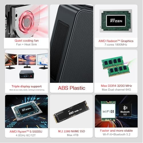 Beelink SER5 Mini PC, AMD Ryzen 5 5500U(6C/12T, up to 4.0GHz), 16GB DDR4 500GB NVMe SSD, SER5 Mini Computer Support 4K Triple Display, 2.5G LAN, HDMI+DP, Type-C