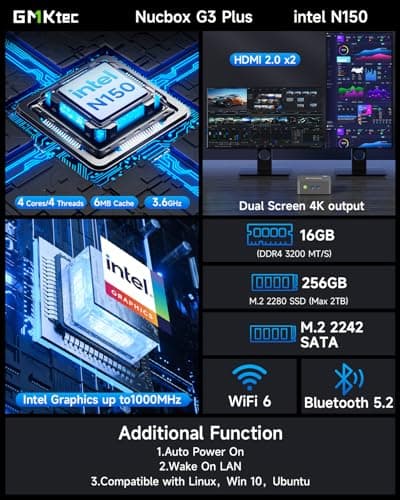 GMKtec Mini PC Intel N150 (up to 3.60GHz) Intel i226-V 2.5Gbps RJ45 Desktop Computers 16GB DDR4 256GB PCIe M.2 SSD/ 4K Dual HDMI/USB3.2/WiFi 6 BT5.2 for Office, Business