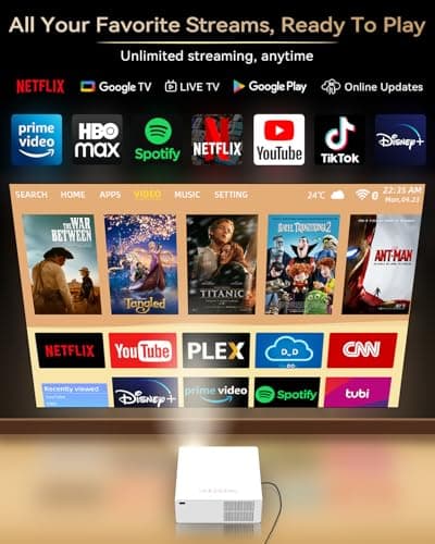 [1300 ANSI/Netflix Licensed/Dolby Audio] Projector with WiFi Bluetooth Portable Outdoor - 4K Smart Ceiling Projector with Built in Apps, Wireless Home Theater for Bedroom, 20% Zoom/500", HDMI/Phone/PC