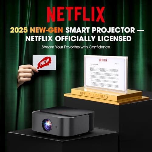 [2025 Netflix-Official | 386+ Built-in Apps] DBPOWER E2 Smart Projector with WiFi and Bluetooth, Mini Projector 4K with Netflix, Youtube, Disney+, Hulu, Max, Crunchyroll w Portable Case