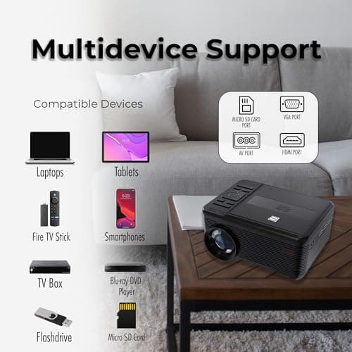 RCA DVD PROJECTOR WITH SPEAKER BUILT IN - Mini Portable Projector with Bluetooth - Indoor/Outdoor Projector and Screen Package - HDMI/AV/VGA/Micro SD Compatible - Quiet Fan System - 1920x1080 Res