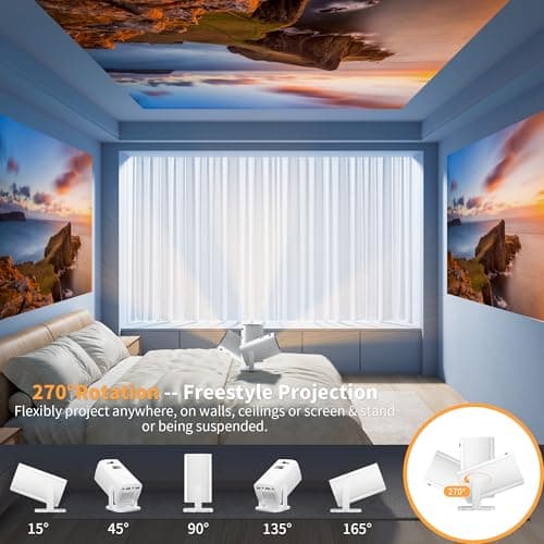 Mini Projector, Portable Projector 4K Support, Full HD 1080P Outdoor Projector, 270° Rotation Movie Projector, Max 200" Screen, Compatible with Smartphone, TV Stick, Laptop, PS4, HDMI, USB