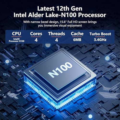 15.6 inch Laptop, 12th Alder Lake N100(Turbo 3.4GHz) Processor,12GB RAM, 512GB SSD, 2K FHD IPS Laptops, 2.4G/5G WiFi, Webcam,Full-Featured Type-C,Ultra-Thin Notebook