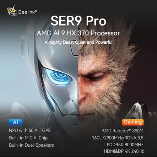 Beelink SER9 Pro AI Mini PC, AMD Ryzen AI 9 HX 370(80TOPS,12C/24T,5.1GHz), 32G LPDDR5X 8000MHz 1TB PCIe4.0 x4 SSD, AI PC AMD Radeon 890M NPU 50 AI Tops, Built-in MIC/Speakers/USB4/WiFi6/BT5.2/2.5G