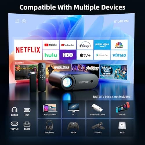 vamvo Portable Projector WiFi VideoProjector 1080P 200" Portable Movie Projector, Outdoor Projectors with Stylish streamlined Design, Compatible with phone/ Tablet/ Laptop/ TV Stick/ PS4 etc.