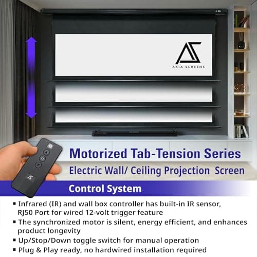 Akia Screens 105 inch Motorized Projector Screen Tensioned 16:9 Retractable Projector Screen Indoor Movie Screen Compatible with UST, Short, Standard Throw Projection for 4K Home Theater, AK-ELT105H