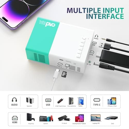 Projector Mini Portable Outdoor Movie Projectors, LED Pico Video Projector for Home Theater Film Projectors, Compatible with Smartphone/ Tablet/ Laptop/ TV Stick/ PS/ USB