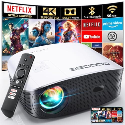 GooDee Smart 4K Projector with 5G WIFI and Bluetooth, Netflix/Amazn Prime Video Certified, Dolby Audio, 800ANSI Outdoor Projector, 400" Zoom Home Theater Projector Compatible with TV Stick,iOS,Android