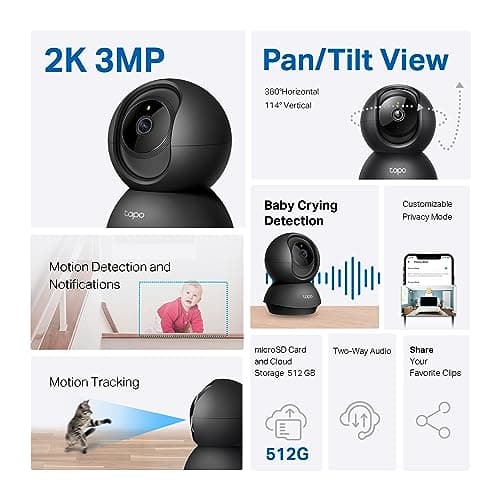 Tapo TP-Link 2K Pan/Tilt Indoor Security Camera for Baby Monitor, Pet Camera, Motion Detection & Tracking, 2-Way Audio, Cloud & SD Card Storage, Works w/Alexa & Google Home, Black, C211(2-Pack)