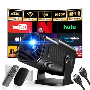 [Built-in App] Mini Projector 1920*1080P 4K Support Projector with Mouse Portable Projector with WiFi and Bluetooth 180° Adjustable Auto Keystone HDMI/TV Stick/USB/PS5/Laptop, with HDMI Cable & Mouse