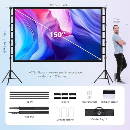 Outdoor Projector Screen with Stand: LEORFI 150 inch Projector Screen Portable, Indoor Projections Screen and Stand, Rear Front Movie Screen 16:9 4K Full HD,Support Height Adjustable for Home Theater