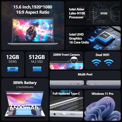 15.6 inch Laptop, 12th Alder Lake N100(Turbo 3.4GHz) Processor,12GB RAM, 512GB SSD, 2K FHD IPS Laptops, 2.4G/5G WiFi, Webcam,Full-Featured Type-C,Ultra-Thin Notebook