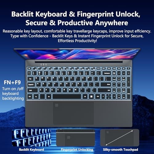 2025 Laptop, 15.6 Inch Gaming Laptop with N150 Processor(up to 3.6GHz), Laptop Computer with 16GB RAM 512GB SSD, Backlit Keyboard, Fingerprint Unlock, Win 11 Pro, Metal Shell, Laptops for Gaming