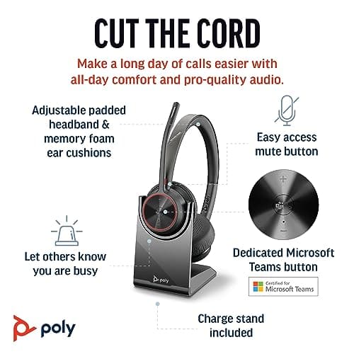 Poly Voyager 4320 UC Wireless Headset & Charge Stand (Plantronics) - Stereo Headphones w/Noise-Canceling Boom Mic - Connect PC/Mac/Mobile via Bluetooth-Works w/Teams (Certified), Zoom-Amazon Exclusive
